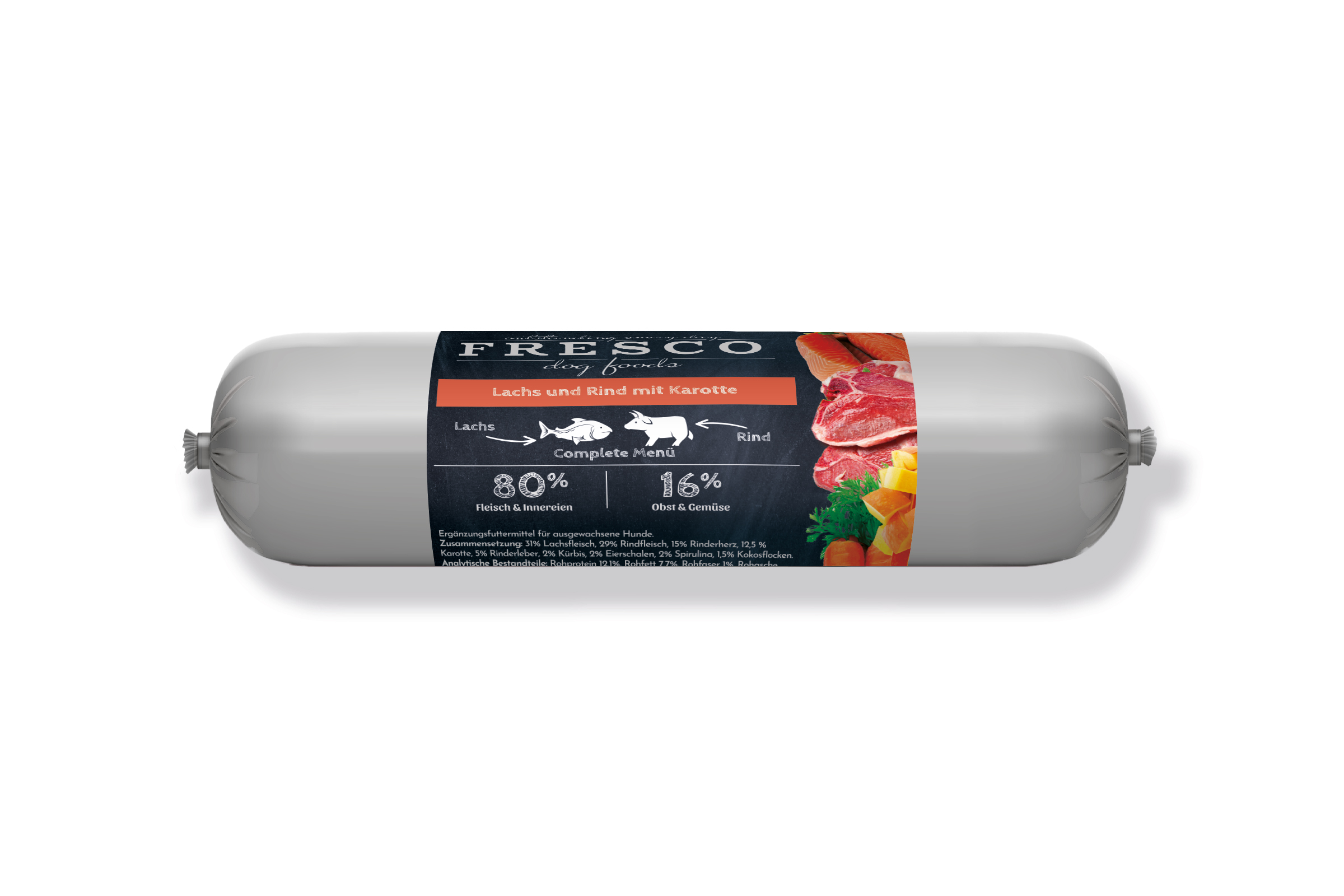 FRESCO Barfwurst Lachs und Rind mit Karotte Verpackung