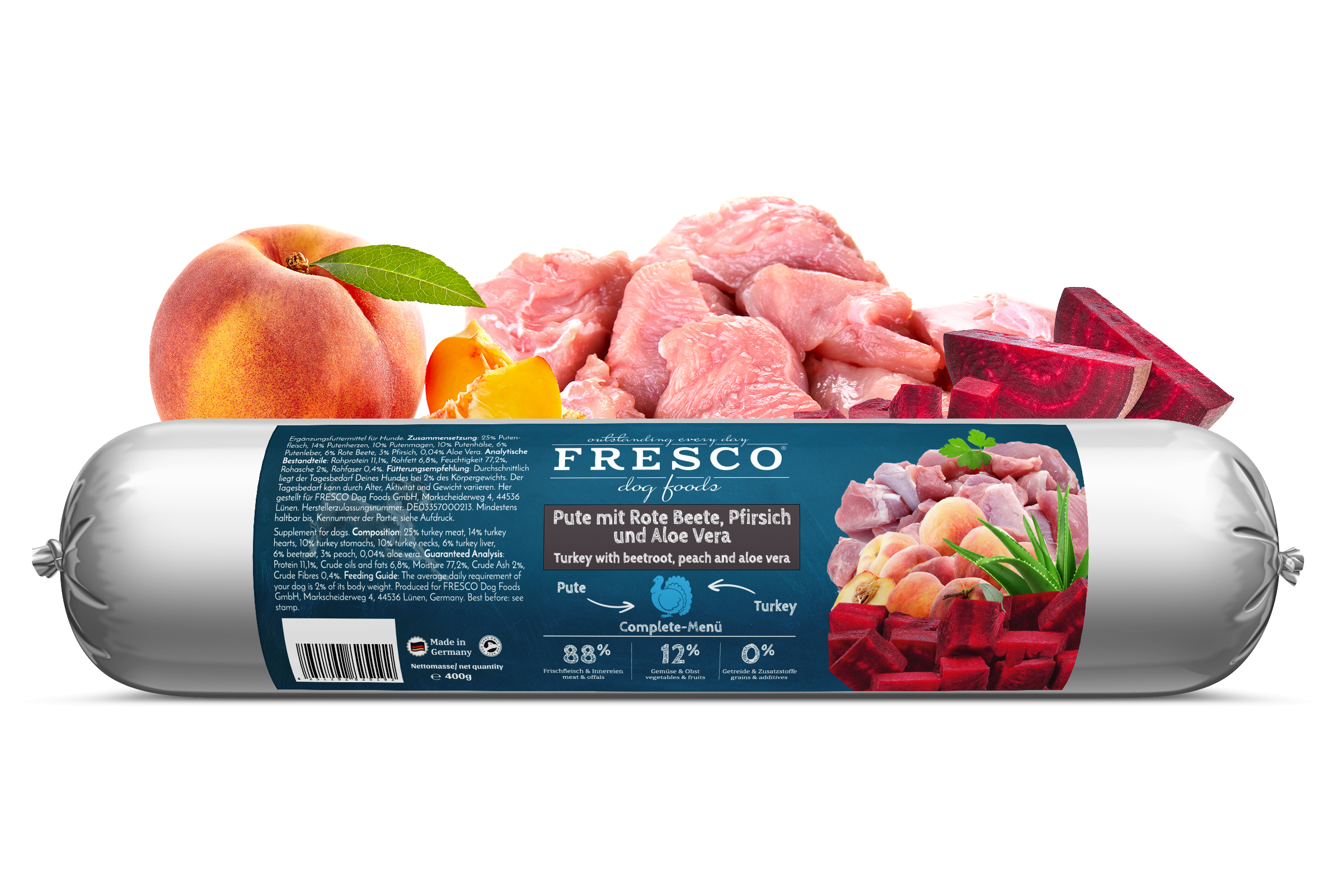 FRESCO Barfwurst Pute mit Rote Beete, Pfirsich, Aloe Vera