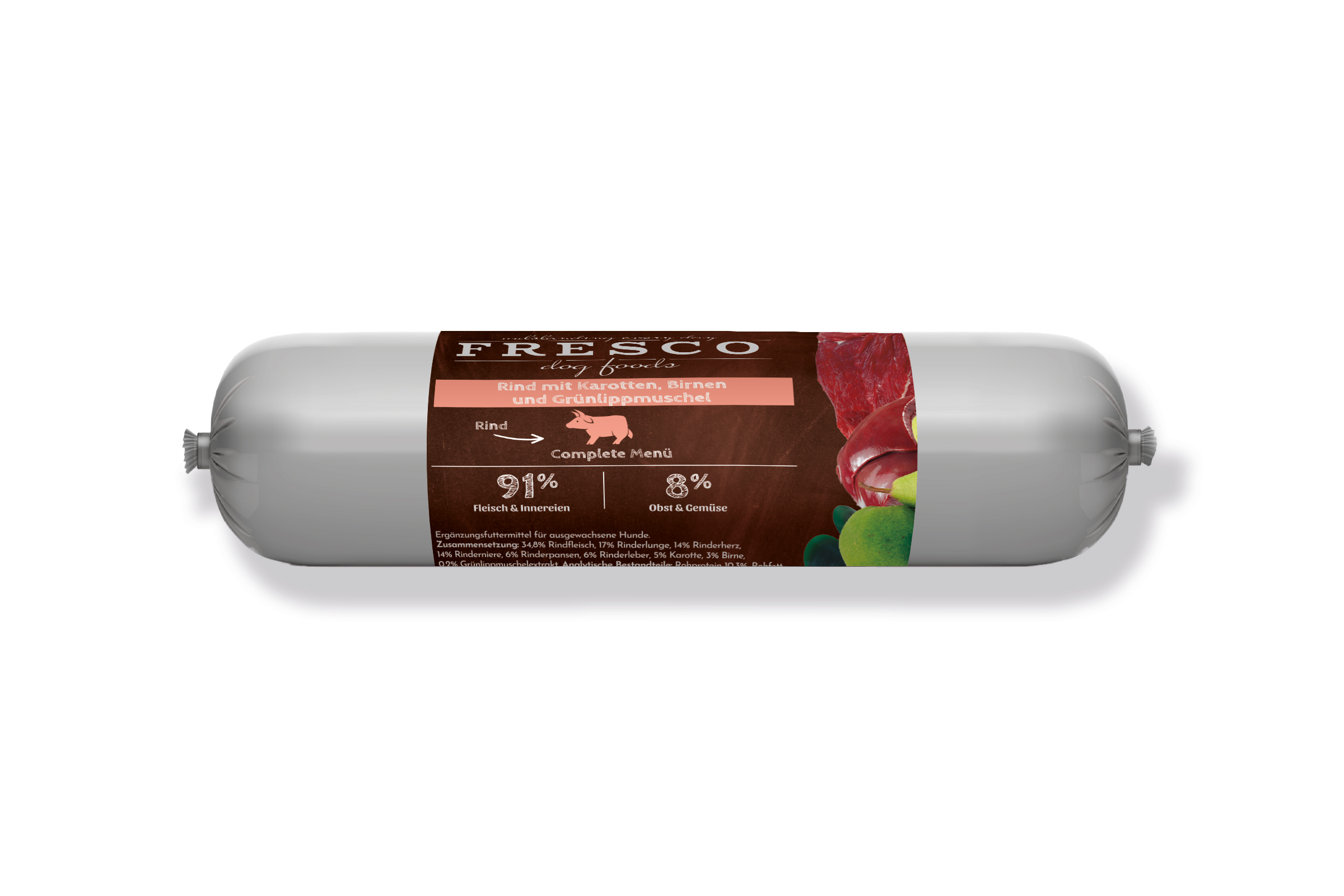 FRESCO Barfwurst Rind mit Karotte Birne Verpackung